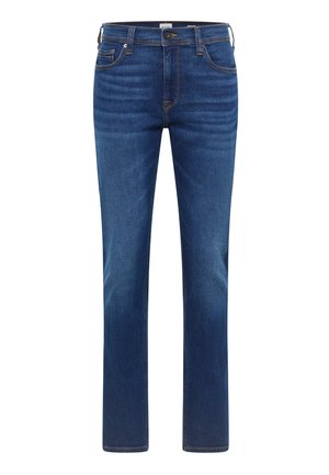 Jeans de mezclilla azul con un diseño de pierna recta, cinco bolsillos, costura en contraste naranja y una cintura clásica con cierre de botón y cremallera.