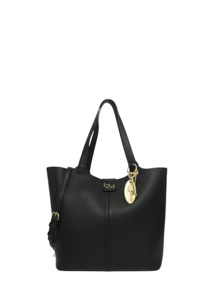Borsa tote in pelle nera strutturata con doppie maniglie, tracolla regolabile e ciondolo dorato a forma di chiave.