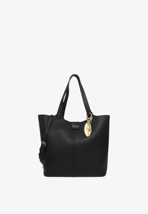 Borsa tote in pelle nera strutturata con doppie maniglie, tracolla regolabile e ciondolo dorato a forma di chiave.
