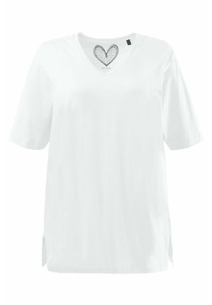 White cotton t-shirt with a V-neck, short sleeves, and side slits. Features a heart graphic on the inside of the neckline. Smooth texture.