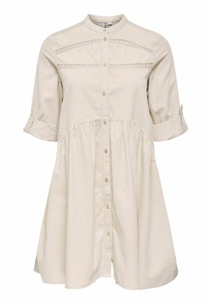 Beige button-up dress made of soft fabric, featuring a cinched waist, three-quarter sleeves, and decorative stitching on the bodice.