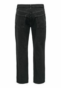 Black denim jeans with a straight-leg design. Features two back pockets and visible stitching along the seams. Matte texture, no decorative elements.