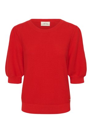 Rød strikket sweater med korte pufærmer, ribbet halsudskæring og manchetter, med et mærke bagpå. Glat tekstur, enkelt design.