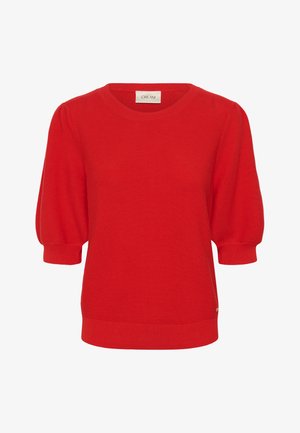 Rød strikket sweater med korte pufærmer, ribbet halsudskæring og manchetter, med et mærke bagpå. Glat tekstur, enkelt design.