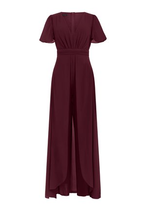 Maxikleid in Burgunderrot mit kurzen, flatternden Ärmeln, V-Ausschnitt, tailliertem Sitz und überlappenden vorderen Panels, die eine fließende Silhouette erzeugen.