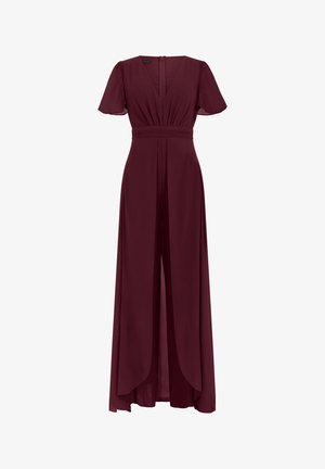 Maxikleid in Burgunderrot mit kurzen, flatternden Ärmeln, V-Ausschnitt, tailliertem Sitz und überlappenden vorderen Panels, die eine fließende Silhouette erzeugen.