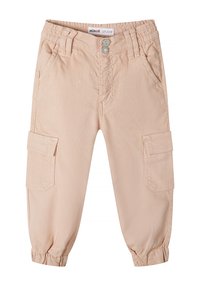 Pantalons cargo couleur pêche avec une taille élastique, deux grandes poches latérales et des poignets côtelés, fabriqués en tissu de coton résistant.