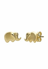 Gouden oorbellen in de vorm van een olifant, met een gladde afwerking, afgerond ontwerp en sluitingen met drukknop voor een veilige pasvorm.