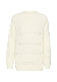 Light cream sweater made of knit material. Features a relaxed fit, long sleeves, and a textured stripe pattern with open knit accents.