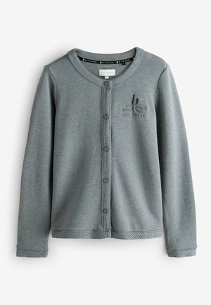 Cardigan gris à manches longues en tissu doux, doté d'un col rond, d'une fermeture à cinq boutons et d'une bordure texturée le long des manches et de l'ourlet.