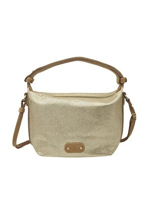 Sac à main texturé doré avec bandoulière réglable marron et fermeture éclair, avec une petite pièce marron avec deux rivets à l'avant.