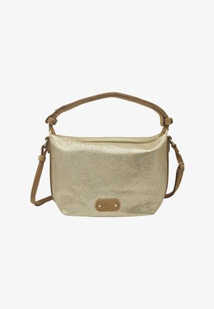 Sac à main texturé doré avec bandoulière réglable marron et fermeture éclair, avec une petite pièce marron avec deux rivets à l'avant.