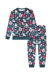 Dwuczęściowy zestaw piżamowy składający się z długiego rękawa i spodni. Ciemnoniebieski materiał z świątecznym wzorem psów w różnych kolorach. Miękka tekstura.