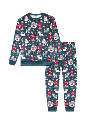 Conjunto de pijama de dos piezas que incluye una camiseta de manga larga y pantalones. Tejido azul oscuro con un patrón festivo de perros en varios colores. Textura suave.