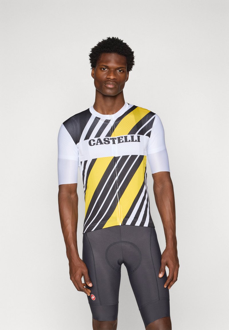 Korte ermede sykkelskjorte med et svart, gult og hvitt diagonalt stripemønster, med glidelås foran og teksturert stoff.