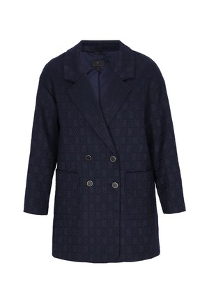 Tengerészkék duplasoros blézer finom kockás mintázattal, csapott hajtókával, két elülső zsebbel és négy fém gombbal.