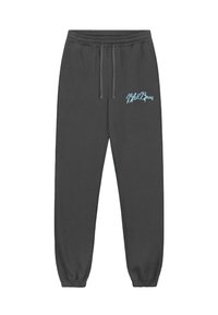 Grijze sweatpants met elastische tailleband en boorden. Bevat een lichtblauwe tekstlogo op de linker bovenbeen. Gemaakt van zachte, textuurstof.