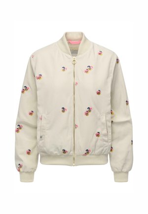 Beige Bomberjacke mit geripptem Kragen, Bündchen und Saum, verziert mit kleinen bestickten Blumenmustern in Pink, Gelb und Marineblau, und mit Reißverschluss vorne.