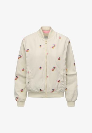 Beige Bomberjacke mit geripptem Kragen, Bündchen und Saum, verziert mit kleinen bestickten Blumenmustern in Pink, Gelb und Marineblau, und mit Reißverschluss vorne.