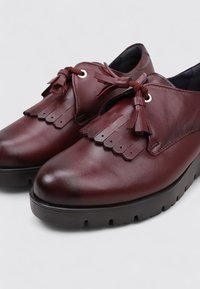 Zapatos de cuero burdeos con punta redonda, que presentan un diseño con flecos y borlas decorativas. Suela gruesa de goma negra.