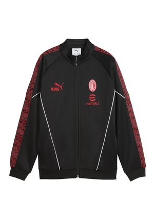 Veste de survêtement zippée noire avec des accents rouges, un motif géométrique sur les manches et les logos de Puma et de l'AC Milan.