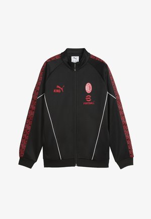 Schwarze Zip-Up-Trainingsjacke mit roten Akzenten, einem geometrischen Muster auf den Ärmeln und Logos von Puma und AC Milan.