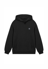 Black hoodie made of soft fabric with a front pocket, adjustable drawstring hood, and a small circular logo on the chest.