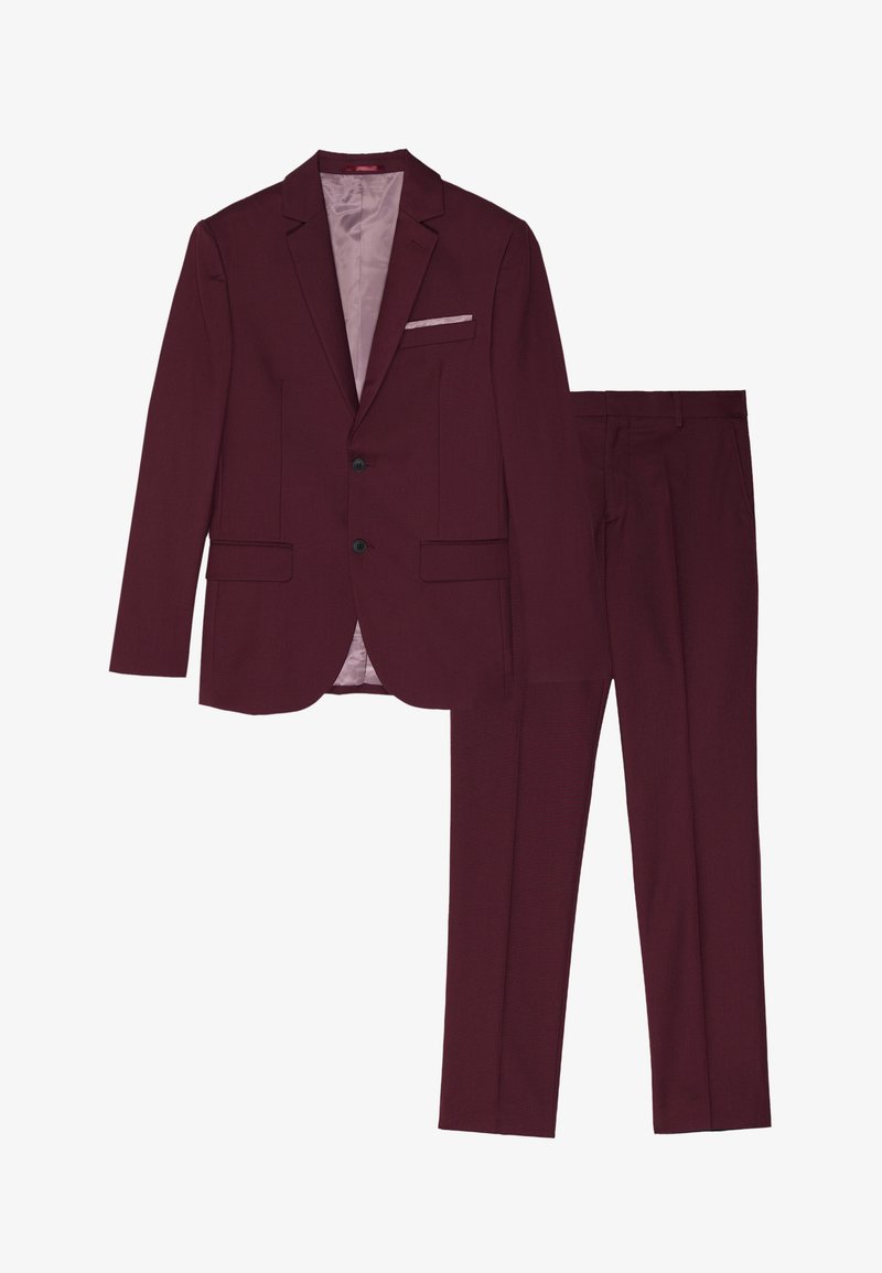 Dark burgundy men's suit jacket with matching trousers, featuring a notch lapel, two buttons, flap pockets, and light satin lining inside the jacket.