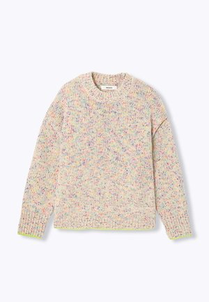 Pull en maille multicolore avec un col rond, une coupe ample et des poignets côtelés. Le tissu présente une surface texturée avec des taches de différentes couleurs.