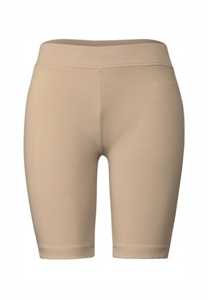 Beige stretchshorts met een hoge tailleband, een gladde textuur en geen zichtbare naden, ontworpen voor comfort en bewegingsvrijheid.