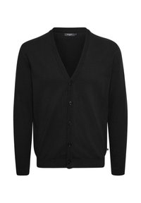 Černý svetr z měkké tkaniny, s véčkovým výstřihem, dlouhými rukávy a šesti předními knoflíky. Hladká textura s jednoduchým designem.