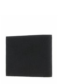 Black leather bifold wallet with visible stitching along edges, closed and shown on a white background.
