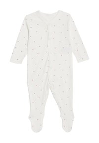 Body a manica lunga per neonato in morbido tessuto bianco, caratterizzato da un motivo ripetuto di piccoli cuori rosa, bottoni a pressione lungo la parte anteriore e design con piedi.