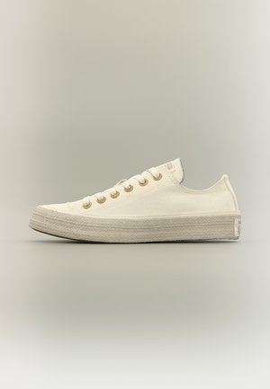 Niskie sneakersy z płótna w kolorze ecru z metalowymi oczkami, płaską gumową podeszwą i beżowym przeszyciem, pokazane w profilu na neutralnym tle.