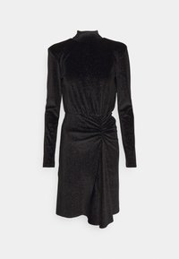 Robe en velours noir avec des manches longues, un col montant et un détail de fronces sur les côtés. Présente des accents scintillants subtils et une fente haute sur un côté.