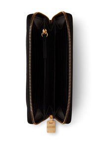 Schwarzes Reißverschluss-Portemonnaie mit goldfarbigen Zipperzähnen, mehreren Kartenfächern, einem zentralen Reißverschluss-Münzfach und einem goldfarbenen Zipper-Zugtab.