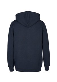 Navyblauer Hoodie mit Kordelzugkapuze, gerippten Bündchen und Saum. Glatte Textur, schlichtes Design, Ansicht von hinten. Keine sichtbaren Muster oder Logos.