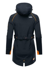 Navy jacket with a hood, orange accents, a belted waist, and button details. Smooth texture and long sleeves with side pockets.
