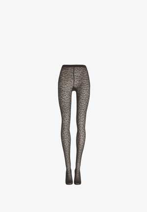 Zwarte kanten legging met een gestructureerd, doorschijnend ontwerp met een ingewikkeld patroon. Ze hebben een gladde tailleband en een aangesloten beenvorm.