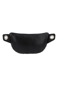 Black leather pouch with a smooth texture, oval shape, and silver hardware accents. Features two side straps for carrying.
