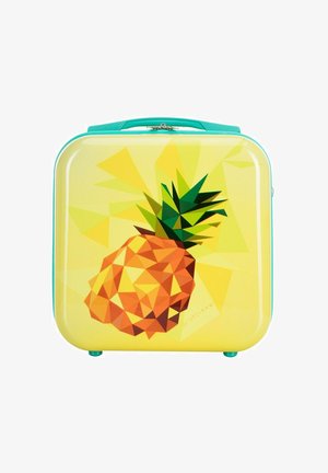 Valise à motif géométrique présentant un fond jaune et un design d'ananas stylisé. Coque rigide, accents turquoise, fermeture éclair.