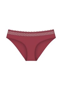Bordowe majtki bikini z koronkowym wykończeniem w pasie, wykonane z gładkiego, elastycznego materiału. Posiada klasyczny krój fig i bezszwowy design.