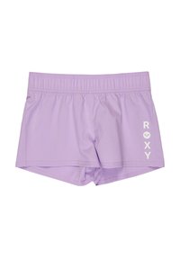 Shorts de bain lilas avec une taille élastique. Présentent un logo blanc "ROXY" sur le côté et une texture de tissu lisse et légère.