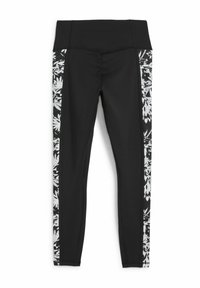 Fekete leggings, széles derékpánttal, sima textúrával és virágmintás oldalsó panelekkel fehér és fekete színben.