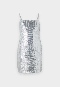 Silver sequin mini dress with thin straps, featuring a geometric pattern in varying shades of silver, creating a textured visual effect.