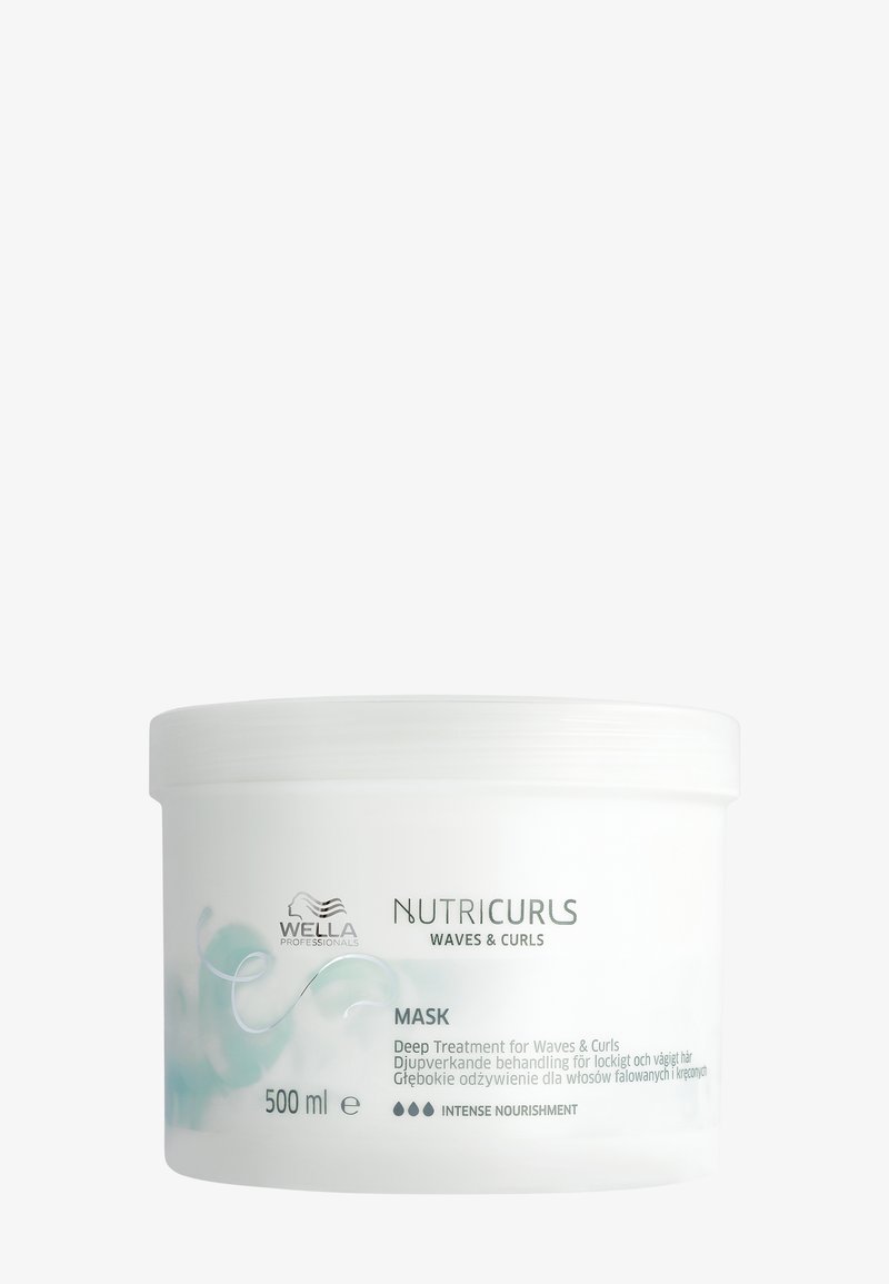 Conteneur rond blanc du traitement Wella Nutricurls, avec des accents et du texte bleus. Capacité : 500 ml. Texture lisse avec un motif de vagues subtil.