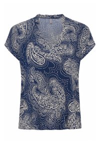 Námořnická modrá blůza s krátkým rukávem, která má bílé paisley vzory, výstřih do V a uvolněný střih s mírně texturovaným povrchem.