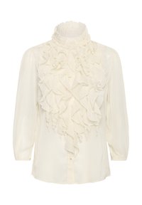 Witte blouse met lange mouwen en een hoge, gerimpelde kraag, met een voorkant die gelaagde ruches toont. Gladde stof met knoopsluiting.