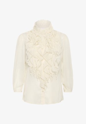 Valge pikkade varrukatega pluus kõrge voltidega kraega ja ees volditud voldikute panel. Sile kangas, nööpidega sulgur.