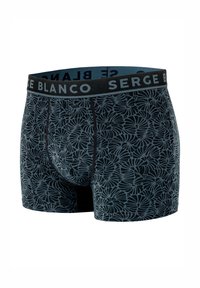 Boxers pour hommes en bleu foncé avec un motif floral. Ceinture élastique noire avec le logo "SERGE BLANCO". Texture du tissu douce.